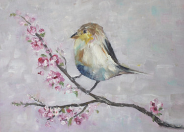 Картина под названием "Птичка на ветке Ois…" - Karina Roenko, Подлинное произведение искусства, Масло