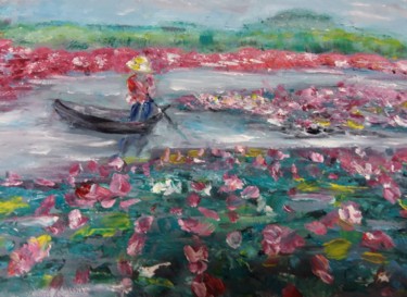 Картина под названием "Розовые кувшинки Le…" - Karina Roenko, Подлинное произведение искусства, Масло