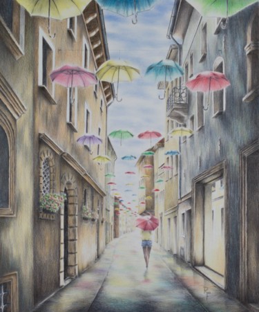 Painting titled "UmbrellaStreet" by Ronald Firla, Original Artwork, Conté
