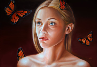 Painting titled "mujer-con-mariposas…" by Rogelio Ramallo, Original Artwork, Oil