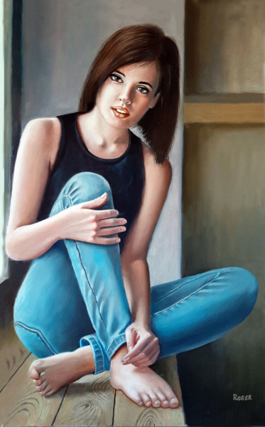 Painting titled "LA DE BLUE JEAN" by Rogelio Ramallo, Original Artwork, Oil