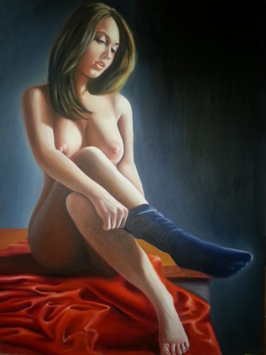 Painting titled "Mujer vistiendose" by Rogelio Ramallo, Original Artwork, Oil