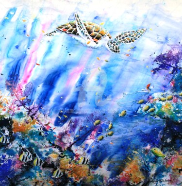 Pintura intitulada "La Tortue de mer" por Roger Boubenec, Obras de arte originais, Aquarela