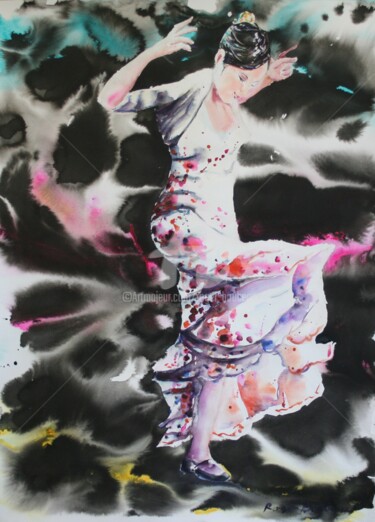 Schilderij getiteld "Elle tape du pied" door Roger Boubenec, Origineel Kunstwerk, Aquarel