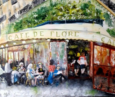 Painting titled "Café de Flore" by Roger Loyer (Anton), Original Artwork, Oil Mounted on Wood Stretcher frame