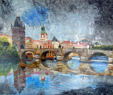 Painting titled "Prague Le pont Char…" by Roger Loyer (Anton), Original Artwork, Acrylic Mounted on Wood Stretcher frame