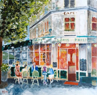 Painting titled "Paris Café Louis Ph…" by Roger Loyer (Anton), Original Artwork, Oil Mounted on Wood Stretcher frame