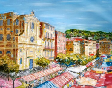 Painting titled "Nice La place Saleya" by Roger Loyer (Anton), Original Artwork, Acrylic Mounted on Wood Stretcher frame