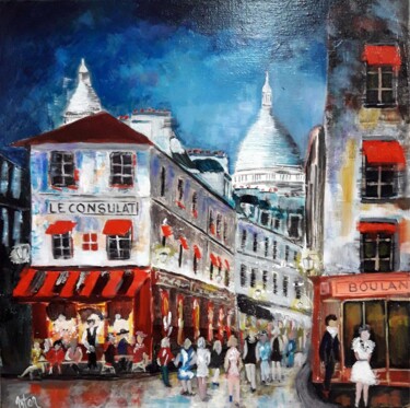 Painting titled "Brasserie Le consul…" by Roger Loyer (Anton), Original Artwork, Oil Mounted on Wood Stretcher frame