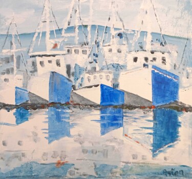 Malarstwo zatytułowany „Les Bateaux Bleus” autorstwa Roger Loyer (Anton), Oryginalna praca, Akryl Zamontowany na Drewniana r…