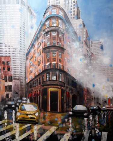Painting titled "New York Delmonico's" by Roger Loyer (Anton), Original Artwork, Oil Mounted on Wood Stretcher frame