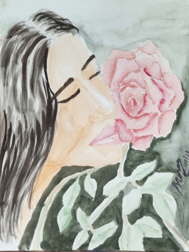 Peinture intitulée "A mulher e a rosa" par Rogério Morais, Œuvre d'art originale, Aquarelle