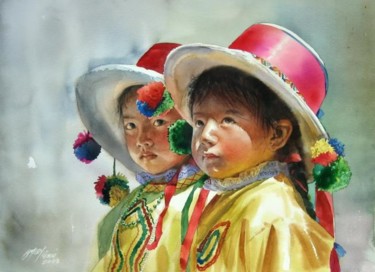 Pintura titulada "niñas de los andes" por Rogger Oncoy, Obra de arte original