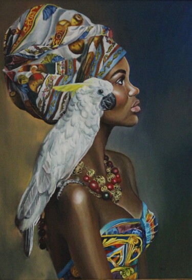 Картина под названием "девушка и птица" - Roksana Aleksanova, Подлинное произведение искусства, Масло Установлен на Деревянн…