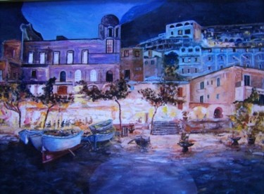 Pittura intitolato "Positano by night" da Rolando Lambiase, Opera d'arte originale