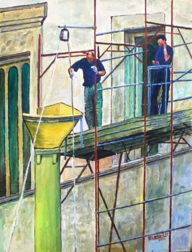 Pittura intitolato "Unwary bricklayers" da Rolando Lambiase, Opera d'arte originale, Olio
