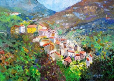 Pittura intitolato "Village in the moun…" da Rolando Lambiase, Opera d'arte originale, Olio