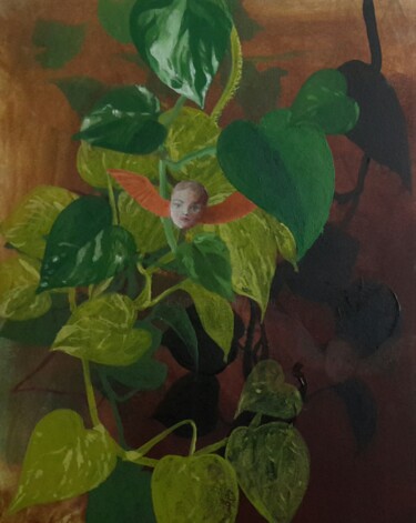 Painting titled "plante et ange." by Roland Gschwind, Original Artwork, Gouache Mounted on Wood Panel