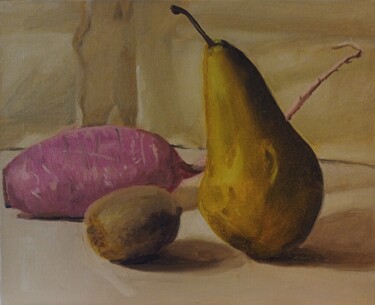 Painting titled "Fruits et légume." by Roland Gschwind, Original Artwork, Oil Mounted on Cardboard