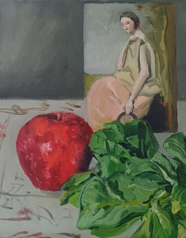 Painting titled "Mâche, pomme et JBC…" by Roland Gschwind, Original Artwork, Oil Mounted on Cardboard