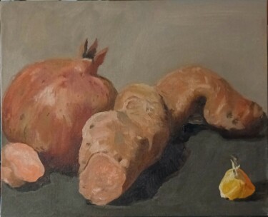Painting titled "Grenade patate douc…" by Roland Gschwind, Original Artwork, Oil Mounted on Cardboard