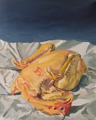 Malerei mit dem Titel "Le poulet" von Roland Gschwind, Original-Kunstwerk, Öl