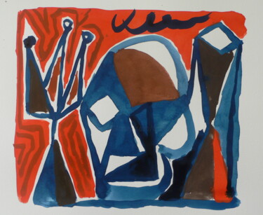 Peinture intitulée "crane, fleur, sabli…" par Roland Gschwind, Œuvre d'art originale, Gouache