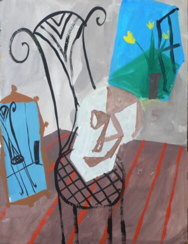 Malerei mit dem Titel "crâne sur une chaise" von Roland Gschwind, Original-Kunstwerk, Gouache