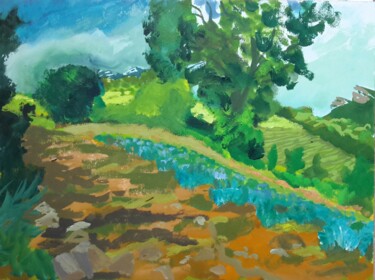 Painting titled "garrigues, chemin." by Roland Gschwind, Original Artwork, Gouache