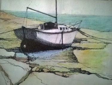Disegno intitolato "bateau à marée basse" da Roland Guyomard, Opera d'arte originale, Biro