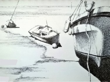 Рисунок под названием "bateaux échoués" - Roland Guyomard, Подлинное произведение искусства