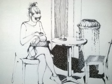 Disegno intitolato "Café en terrasse" da Roland Guyomard, Opera d'arte originale, Pennarello