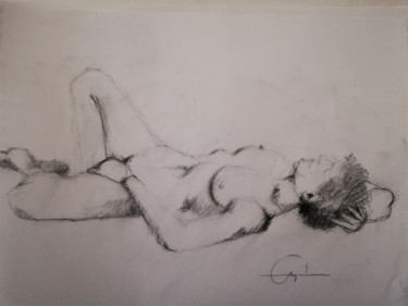 Drawing titled "nu couché" by Roland Guyomard, Original Artwork, Conté