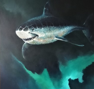 「requin 2」というタイトルの絵画 Roland Guyomardによって, オリジナルのアートワーク, アクリル ウッドストレッチャーフレームにマウント