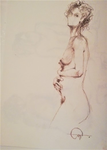Zeichnungen mit dem Titel "femme profil" von Roland Guyomard, Original-Kunstwerk, Conté-Buntstifte