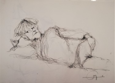 Dessin intitulée "allongé relax" par Roland Guyomard, Œuvre d'art originale, Conté