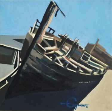 Schilderij getiteld "barque échouée" door Roland Guyomard, Origineel Kunstwerk, Acryl