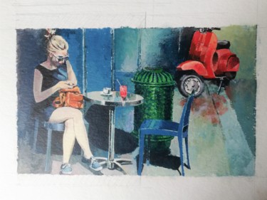 Peinture intitulée "Seule en terrasse" par Roland Guyomard, Œuvre d'art originale, Acrylique