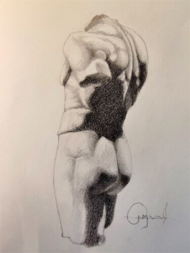 Drawing titled "Torse profil antique" by Roland Guyomard, Original Artwork, Charcoal