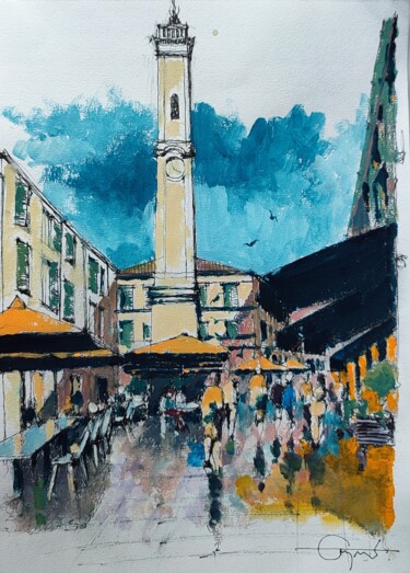 Painting titled "place de l'horloge 2" by Roland Guyomard, Original Artwork, Acrylic