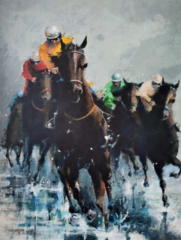 Malerei mit dem Titel "chevaux sous la plu…" von Roland Guyomard, Original-Kunstwerk, Acryl