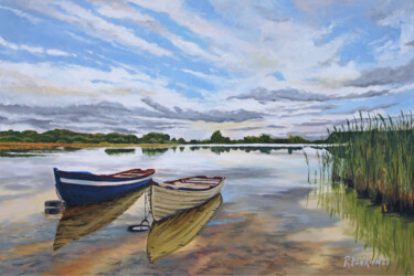 Malarstwo zatytułowany „Moored boats on Lou…” autorstwa Roland Henrion, Oryginalna praca, Akryl