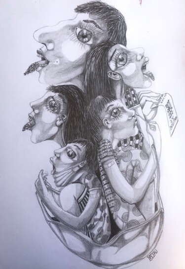 Disegno intitolato "Ce soir on va au th…" da Roland Bideau, Opera d'arte originale, Matita Montato su Cartone