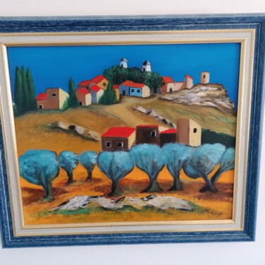 Painting titled "Village du Lubéron" by Roland Brunet, Original Artwork, Oil Mounted on Wood Stretcher frame