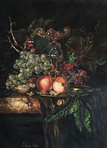 Malarstwo zatytułowany „натюрморт виноград…” autorstwa Рома Ласьков, Oryginalna praca, Olej Zamontowany na Inny sztywny panel