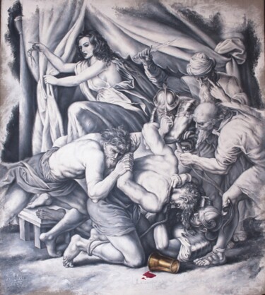 Peinture intitulée "злодеяния далилы" par Roma Las Kov, Œuvre d'art originale, Huile Monté sur Panneau de bois