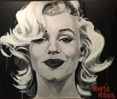 Schilderij getiteld "Black Marilyn Monroe" door Romà Roka, Origineel Kunstwerk, Acryl Gemonteerd op Frame voor houten branca…