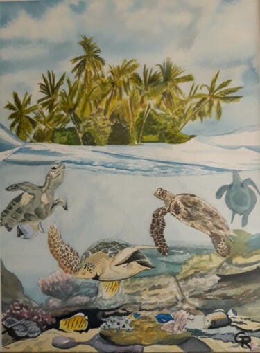 Peinture intitulée "Turtule island" par Romain Gattone, Œuvre d'art originale, Aquarelle