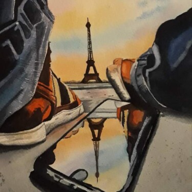 Painting titled "Reflet parisien" by Romain Gattone, Original Artwork, Watercolor