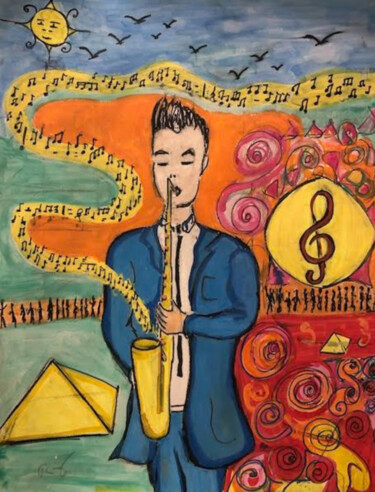 Painting titled "saxophoniste in mus…" by Romain Mary, Original Artwork, Gouache